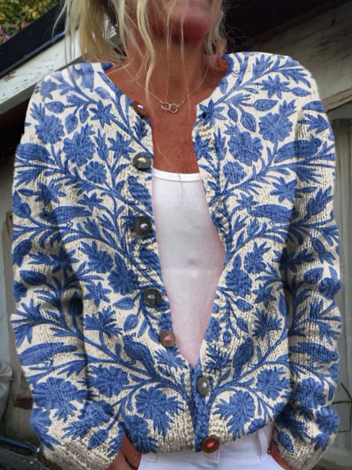 Cardigan en Tricot à Boutons avec Motif Floral Lovely Meadows