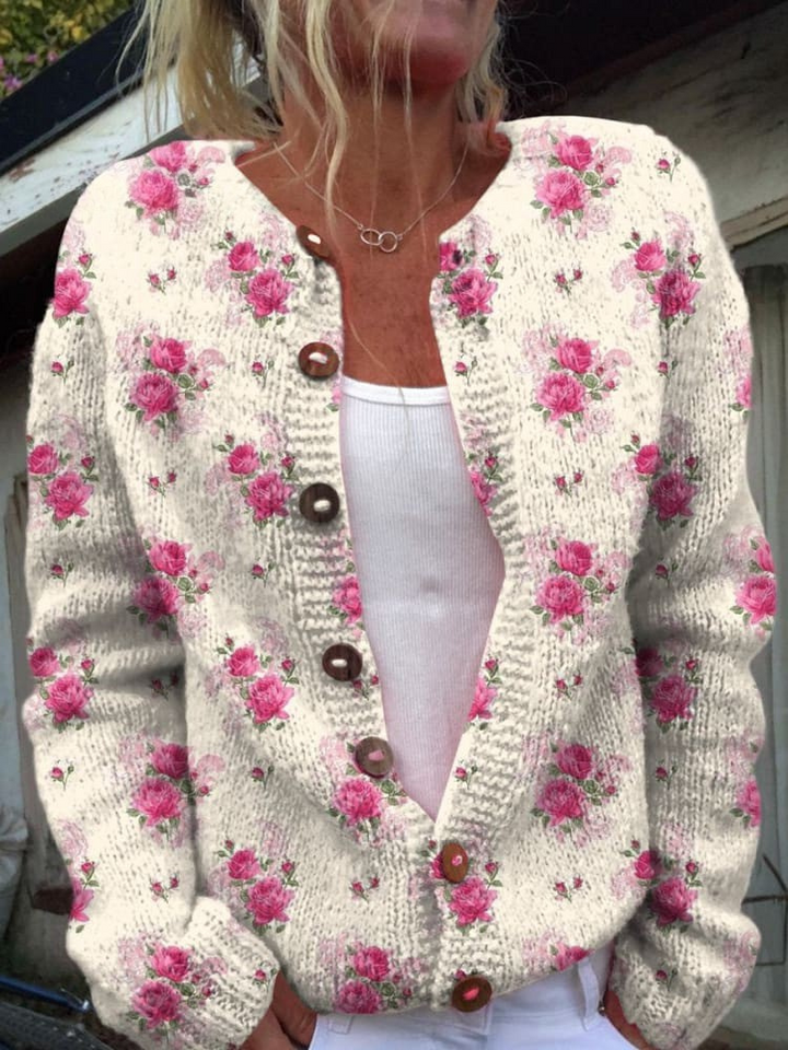 Cardigan en Tricot Boutonné à Motif Répété de Roses Françaises en Aquarelle