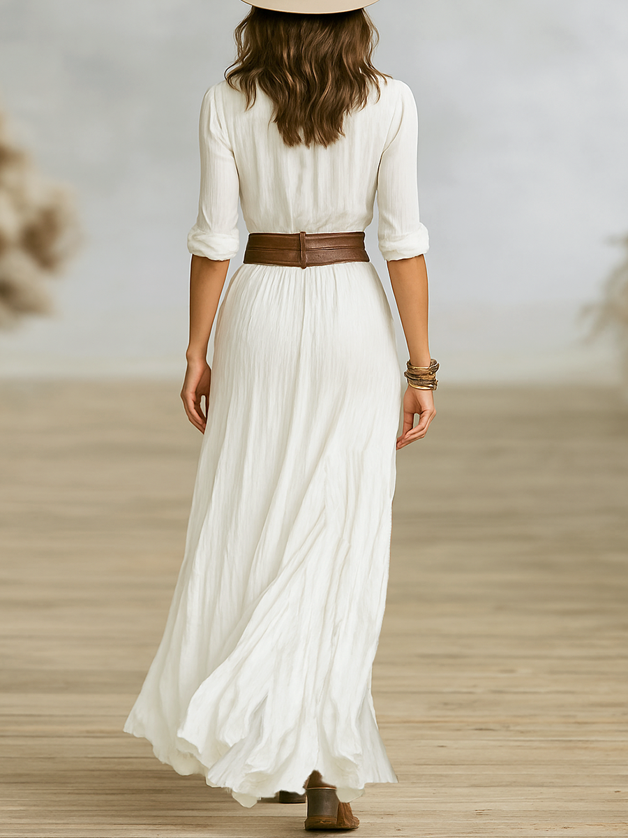Robe Maxi Longue Femme en Coton et Lin avec Col Revers