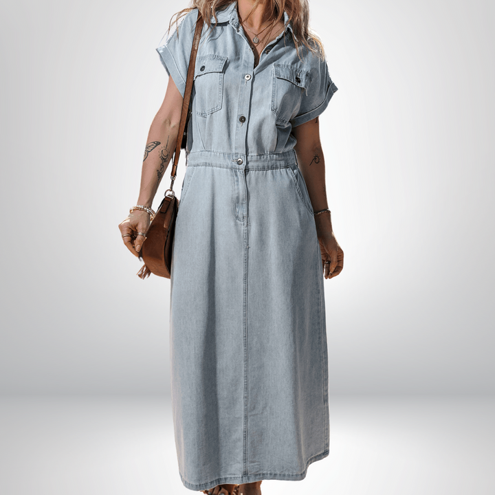 Caroline® | Robe en Jean Élégante avec Manches Courtes Chauve-Souris